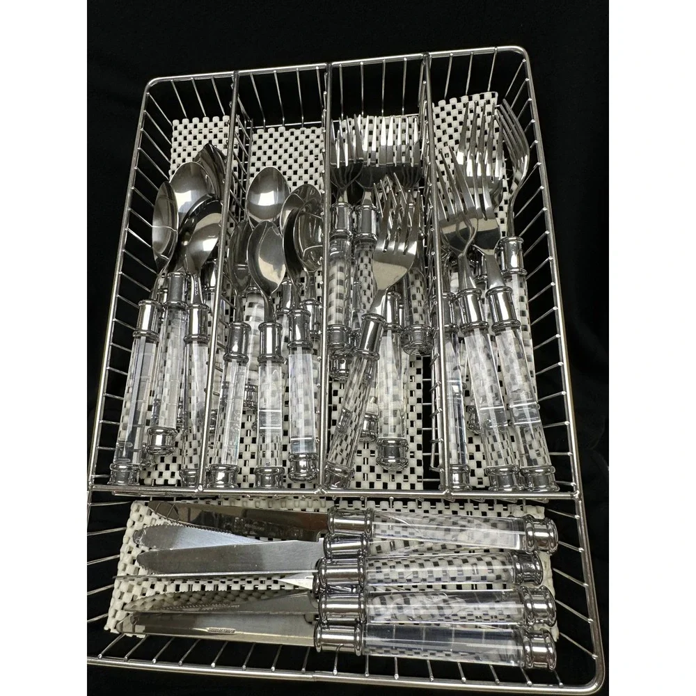Vintage Look 32 Pce Set Flatware Clear Acrylic Handles Stainless Steel Plus Tray